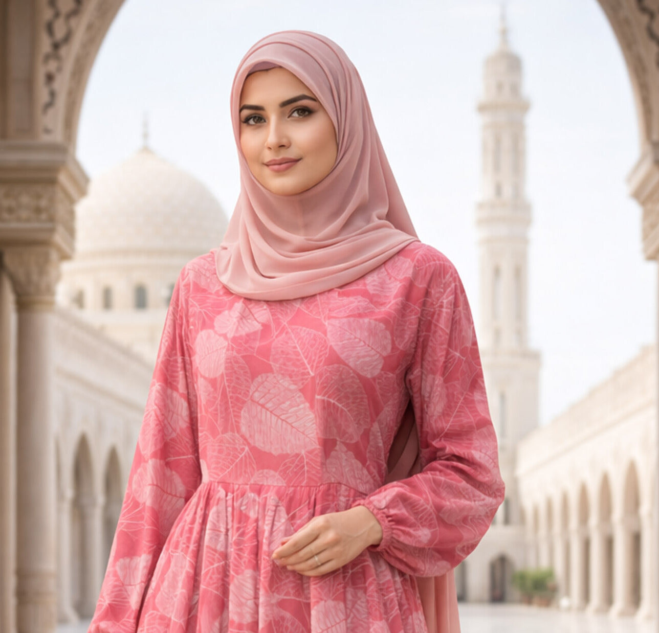 SARINKU PINK Georgette Fabric with crepe lining for no transparency Umbrella Pattern Floral Print Bishop Sleeves with Elastic Cuffs Puff Sleeve Pattern Without Belt Without Dupatta