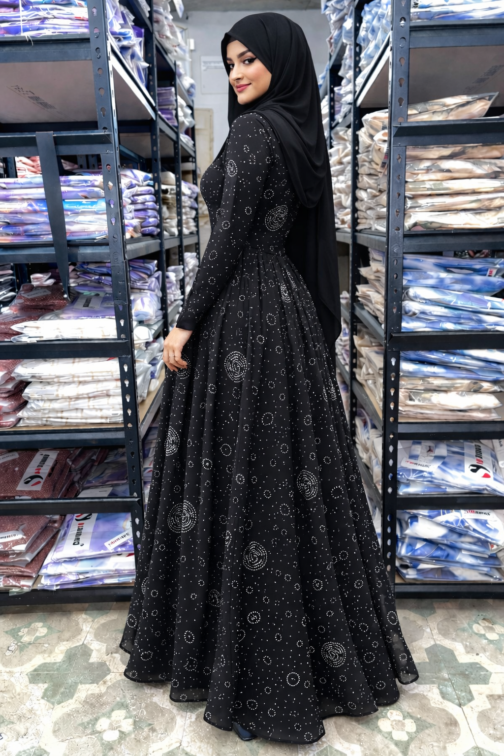Black Georgette Fabric with Crepe Lining for no Transparency Umbrella Pattern Abaya Diamond Studded Elastic Cuffs Puff Sleeve Pattern Abaya Without Dupatta