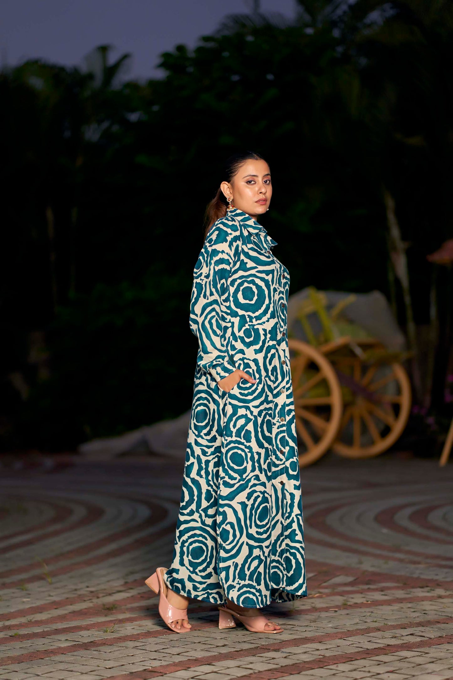 Women’s Abstract Printed Maxi Dress with Pocket & Front Buttons