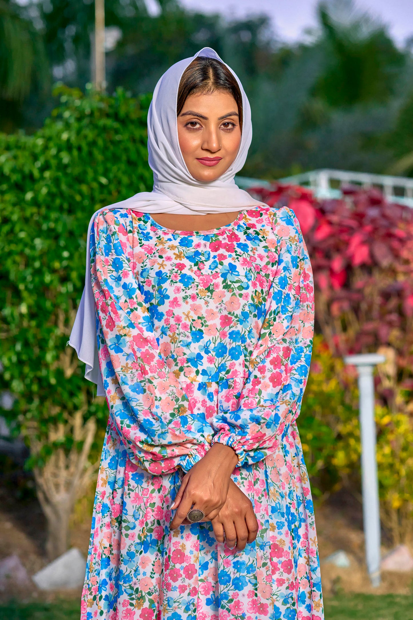 Georgette Fabric, with crape lining for no transparency, Frill Pattern, Floral Print, Bishop Sleeves with Elastic Cuffs, Puff Sleeve Pattern, Without Dupatta,