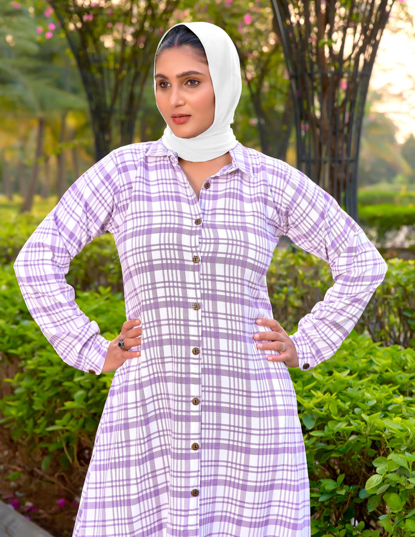 SARINKU Purple Cotton fabric no transparency Front Button Open Pattern Chex Print Shirt Style Cuffs Balloon Sleeve Pattern With Pocket Without Dupatta