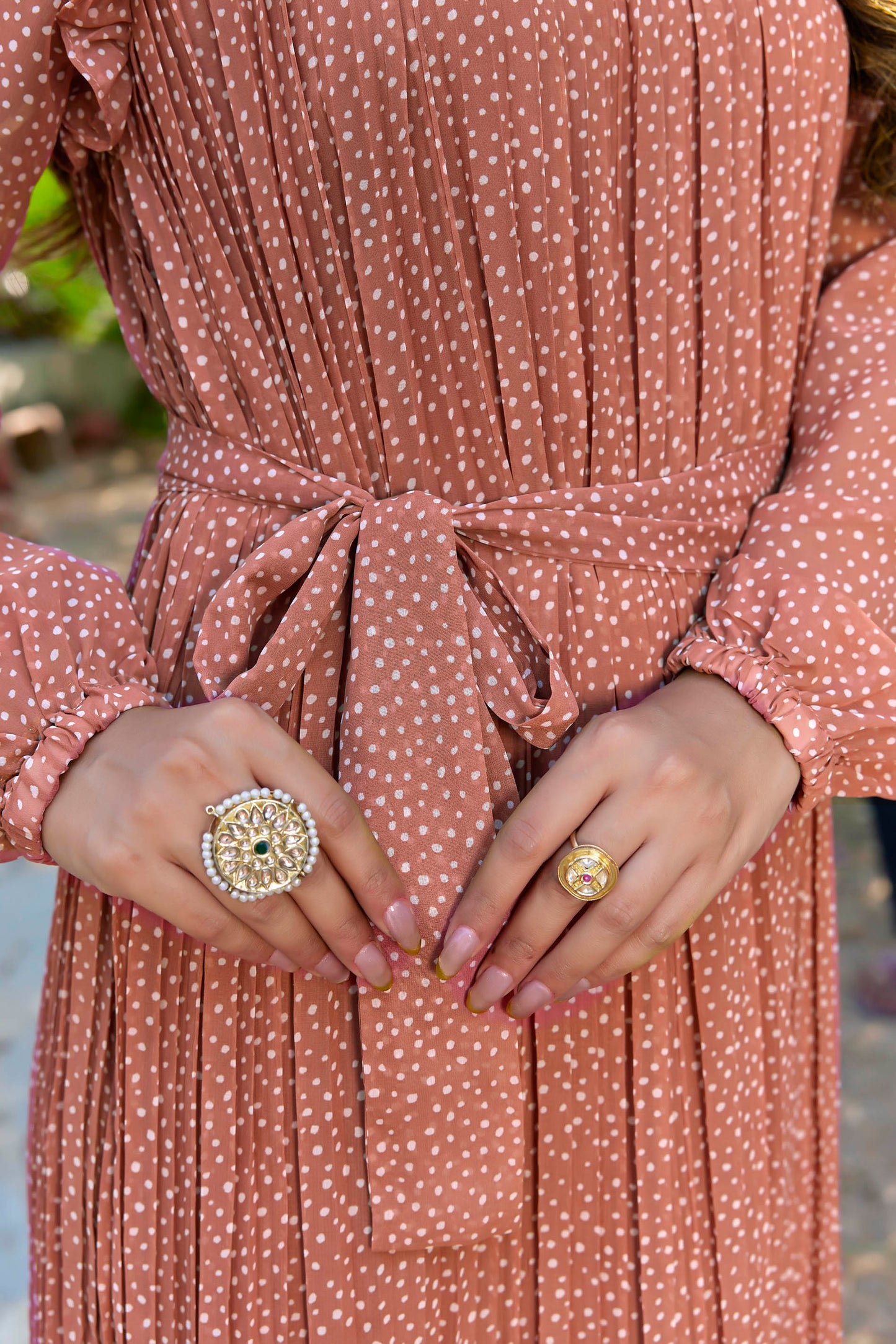 Sarinku Rust Peach Georgette Fabric with Crepe lining for no transparency Frill Pattern Polka Dots Print Bishop Sleeves with Elastic Cuffs Balloon Sleeve Pattern with Belt Without Dupatta