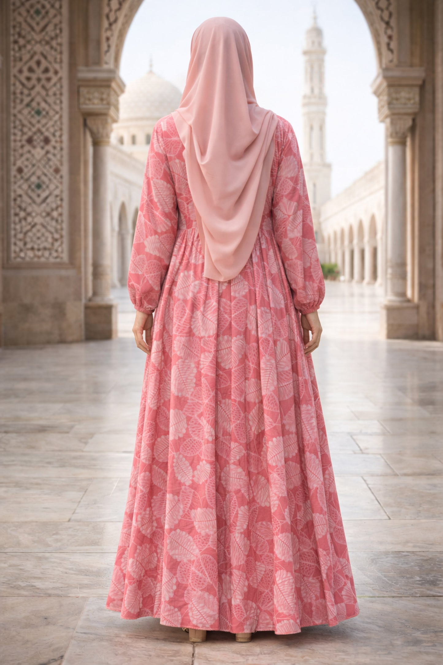 SARINKU PINK Georgette Fabric with crepe lining for no transparency Umbrella Pattern Floral Print Bishop Sleeves with Elastic Cuffs Puff Sleeve Pattern Without Belt Without Dupatta