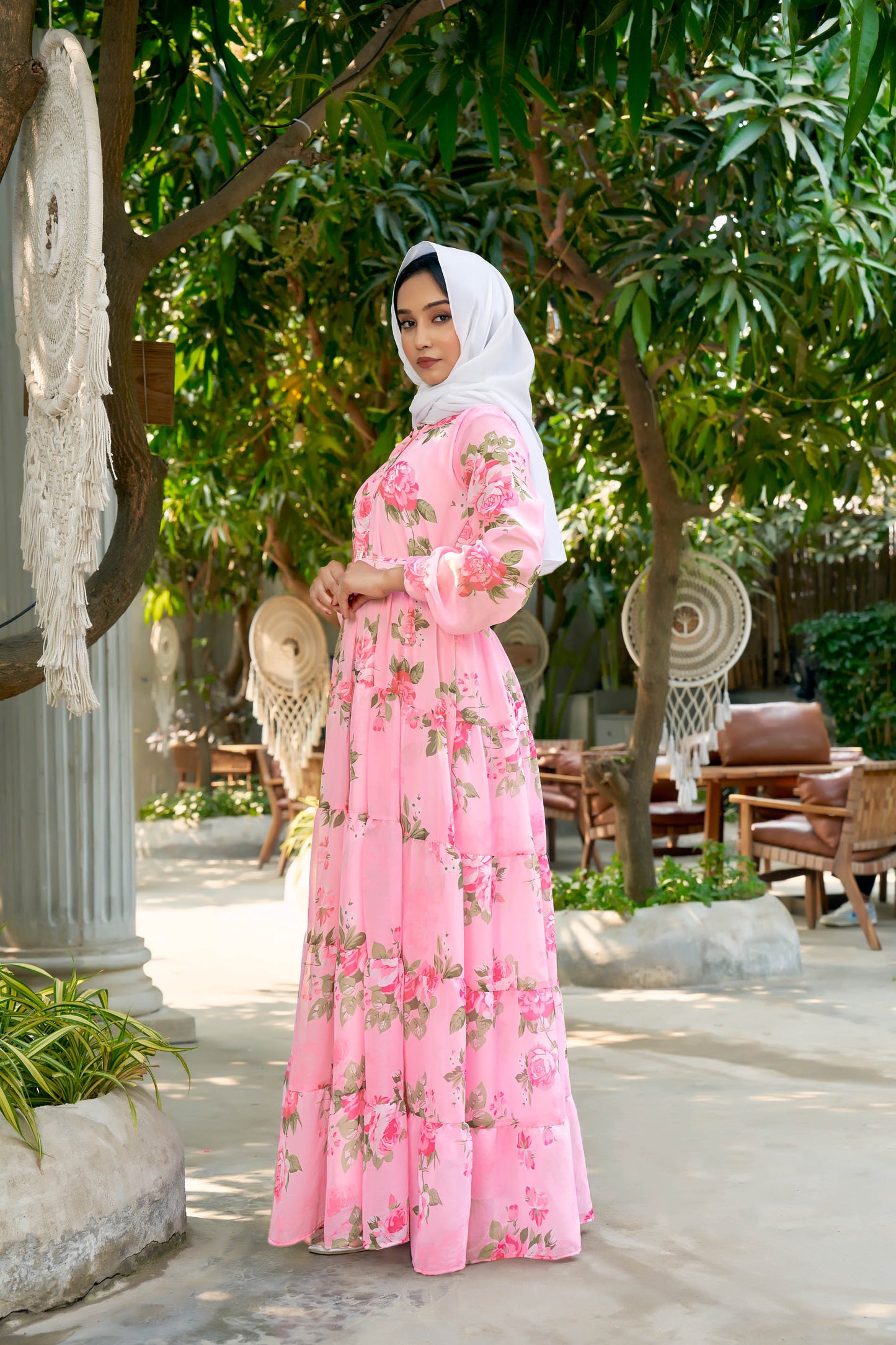 SARINKU Pink Georgette Fabric with crepe lining for no transparency shirt color with openable button Floral Print Shirt Style Cuffs Puff Sleeve Pattern with Belt Without Dupatta