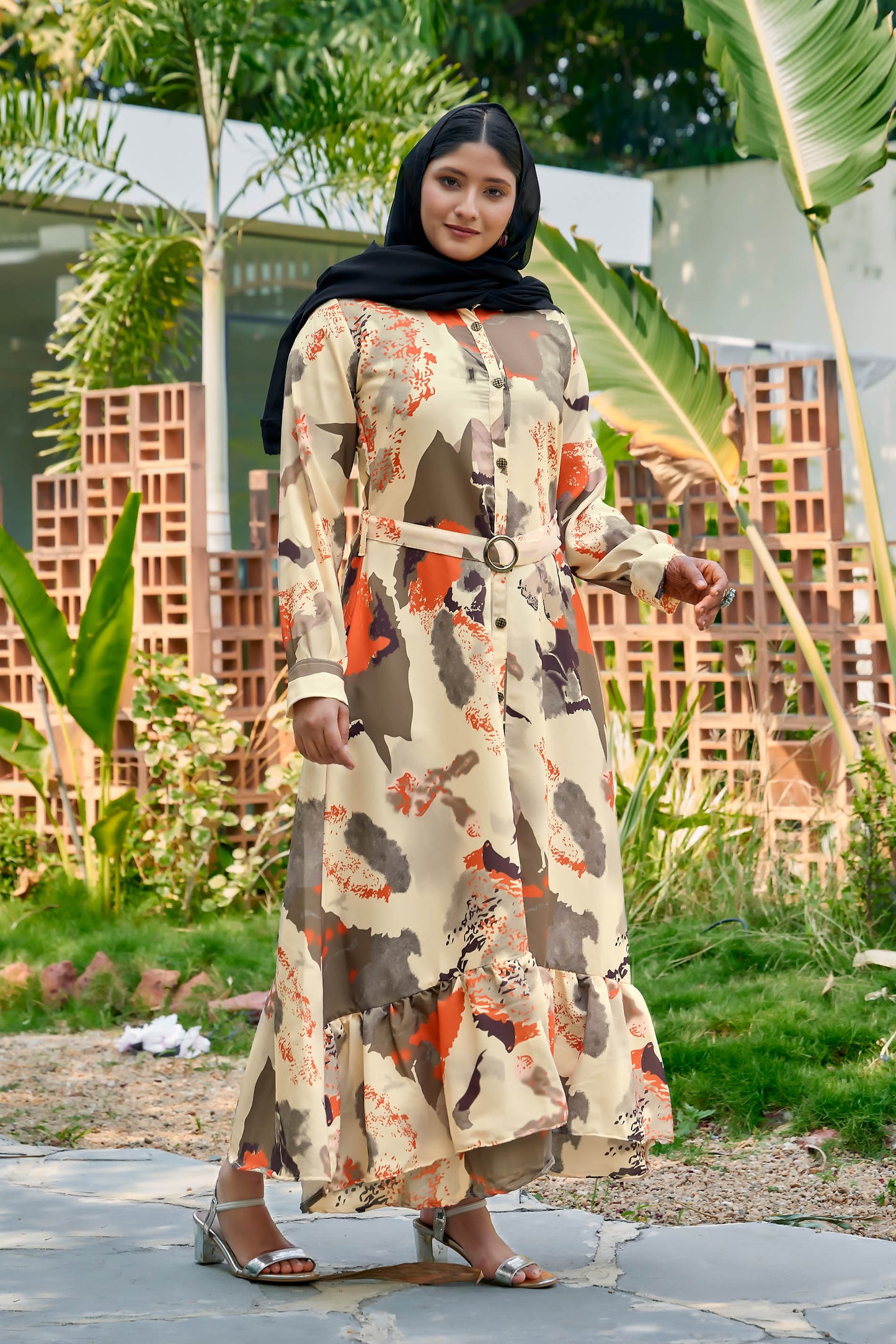 Nida fabric, no transparency, front button open pattern, abstract print, shirt style cuffs, regular sleeve pattern, with belt, front open buttons feeding friendly, without dupatta,s