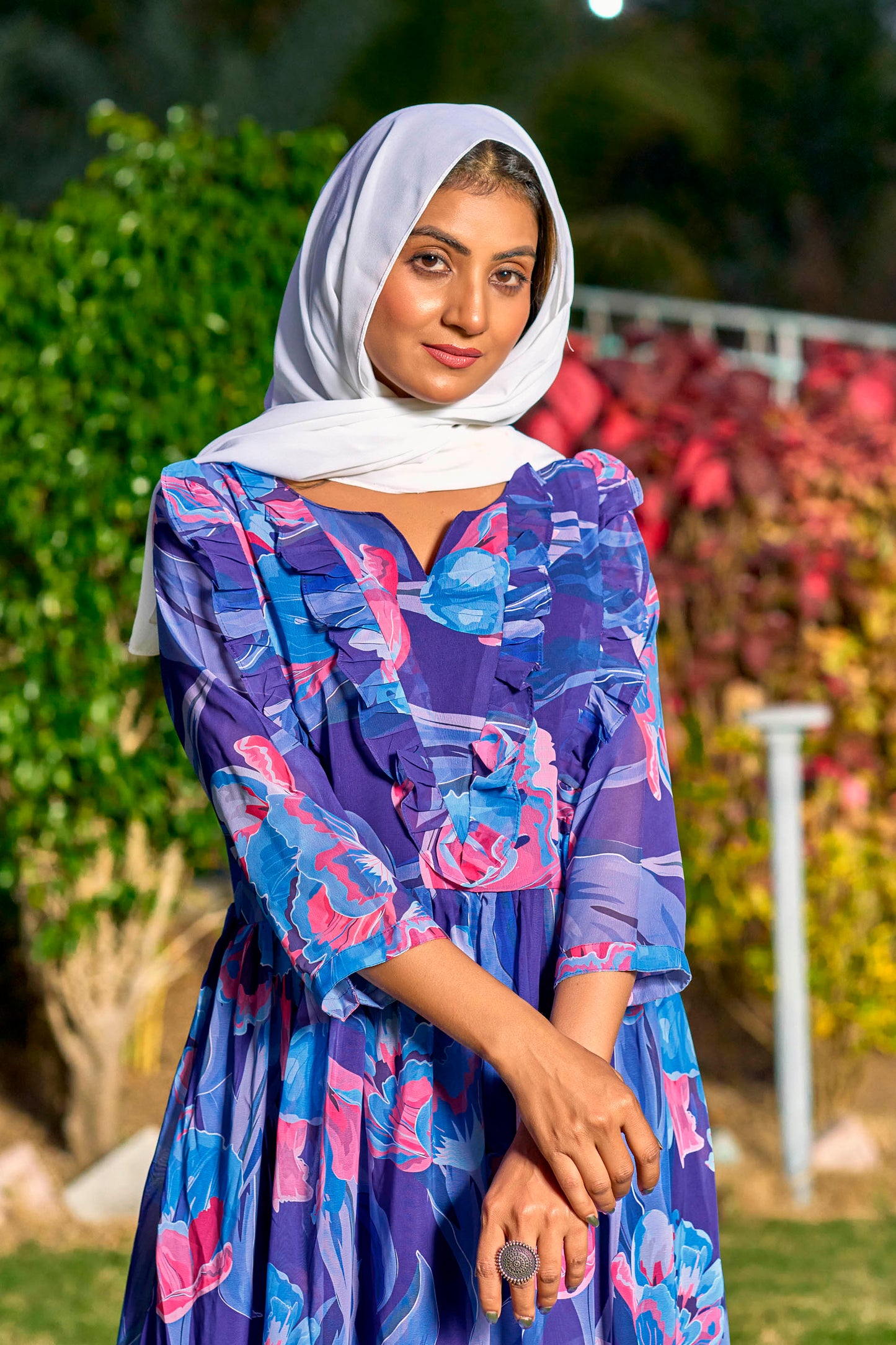 Georgette Fabric, with Crepe lining for no transparency, Gathering Pattern, Floral Print, Bishop Sleeves with Elastic Cuffs, Puff Sleeve Pattern, Without Dupatta,