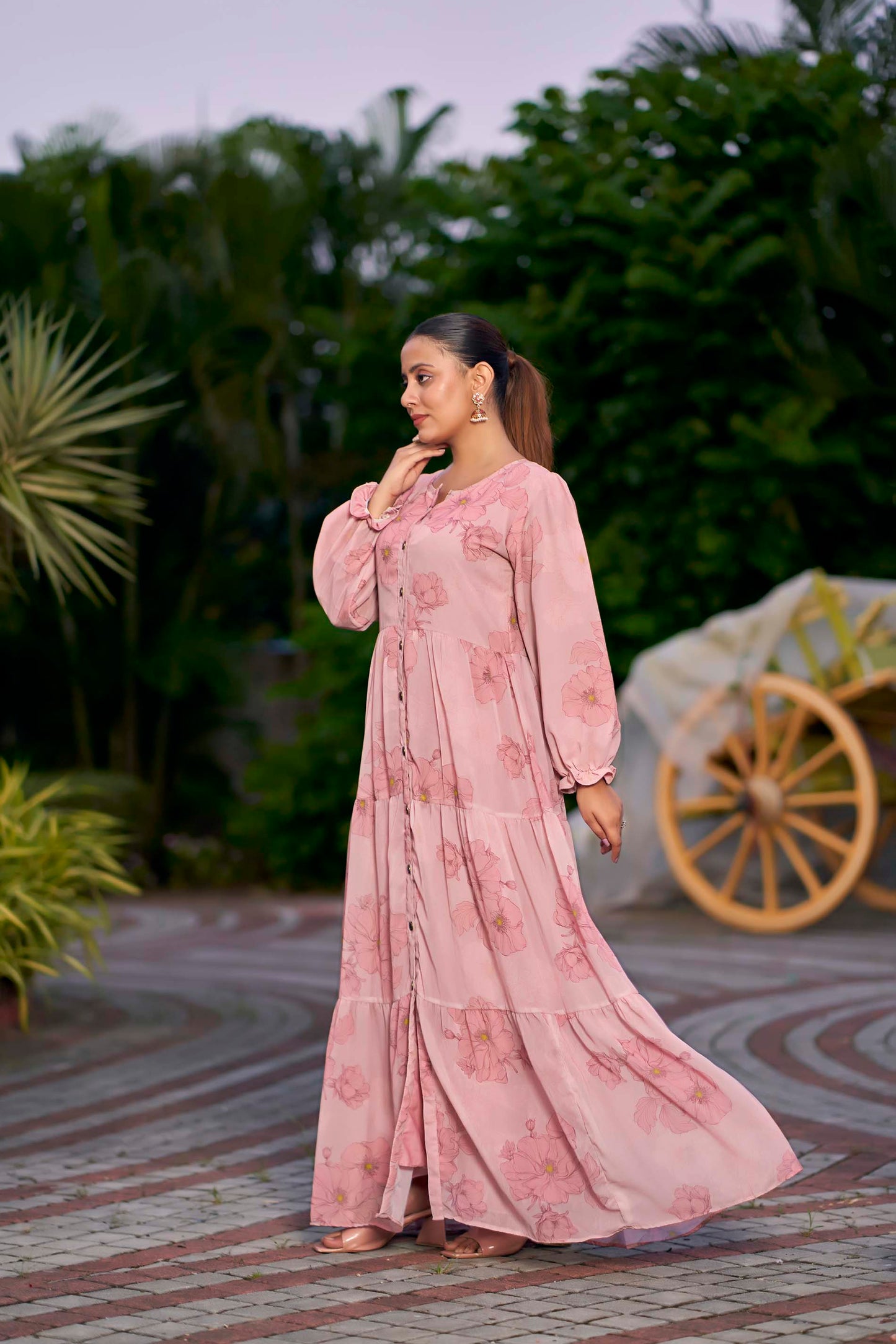 Women’s Pink Floral Printed Georgette Maxi Dress with Front Buttons