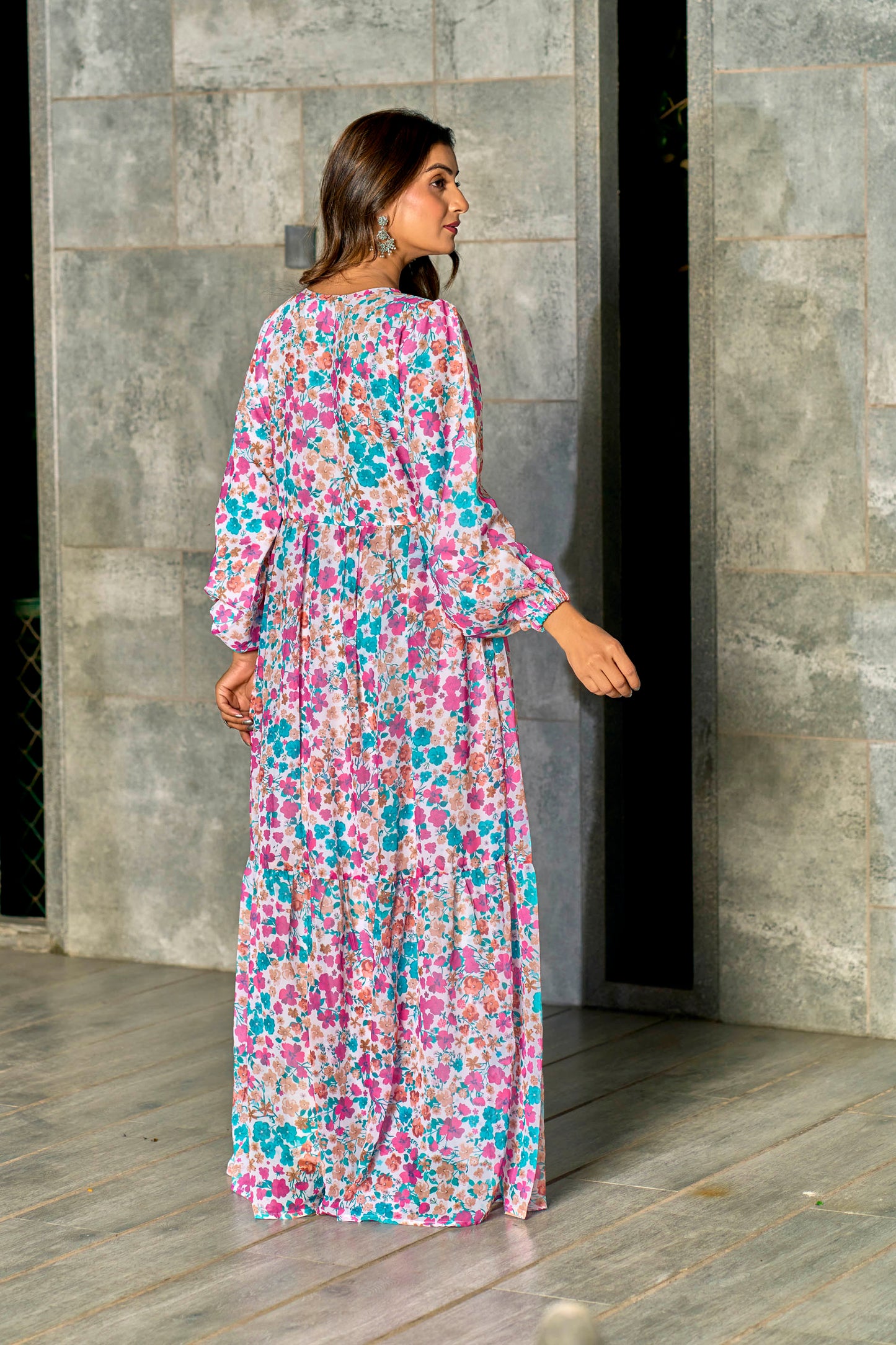 Georgette Fabric, with Crepe lining for no transparancy, Frill Pattern, Floral Print, Bishop Sleeves with Elastic Cuffs, Puff Sleeve Pattern, Without Dupatta,