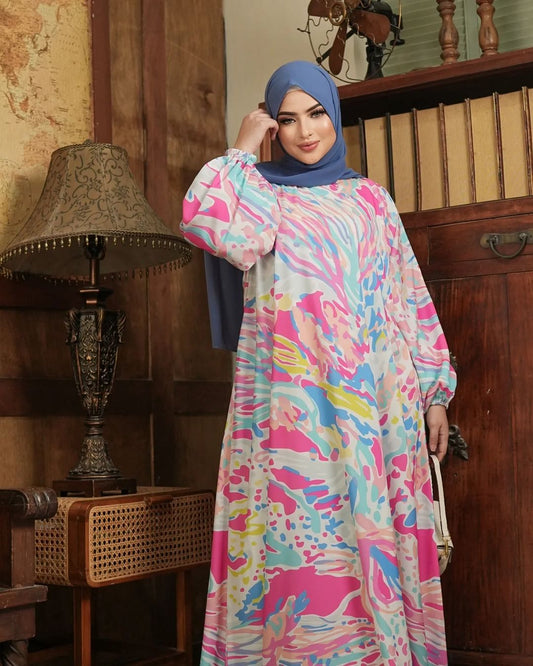 Multi-Color Abstract Print Maxi Dress – Modest Full Sleeve Abaya for Women