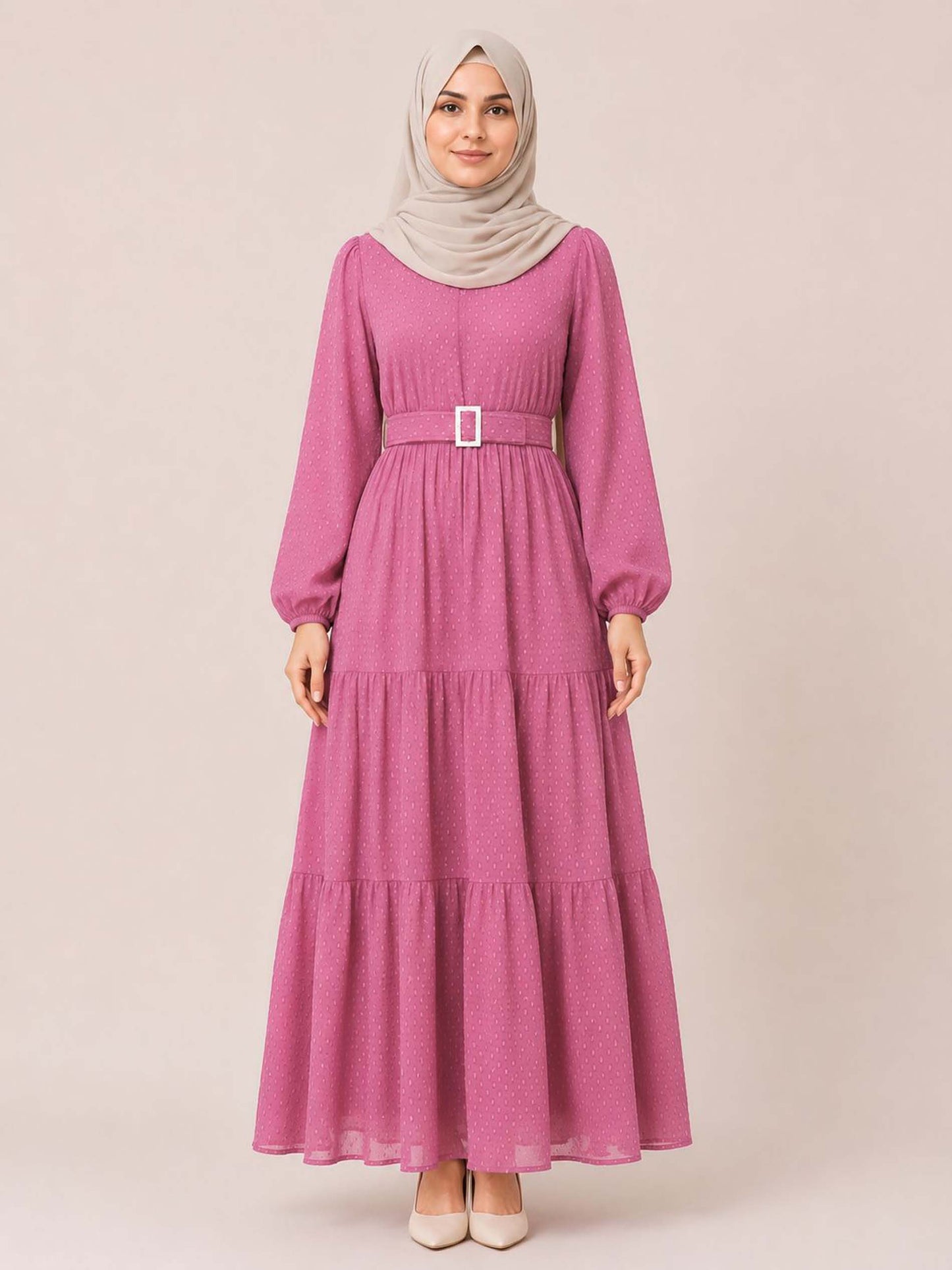 SARINKU Brown Georgette Fabric with crepe lining for no transparency Frill Pattern Bishop Sleeves with Elastic Cuffs Balloon Sleeve Pattern with Belt Without Dupatt