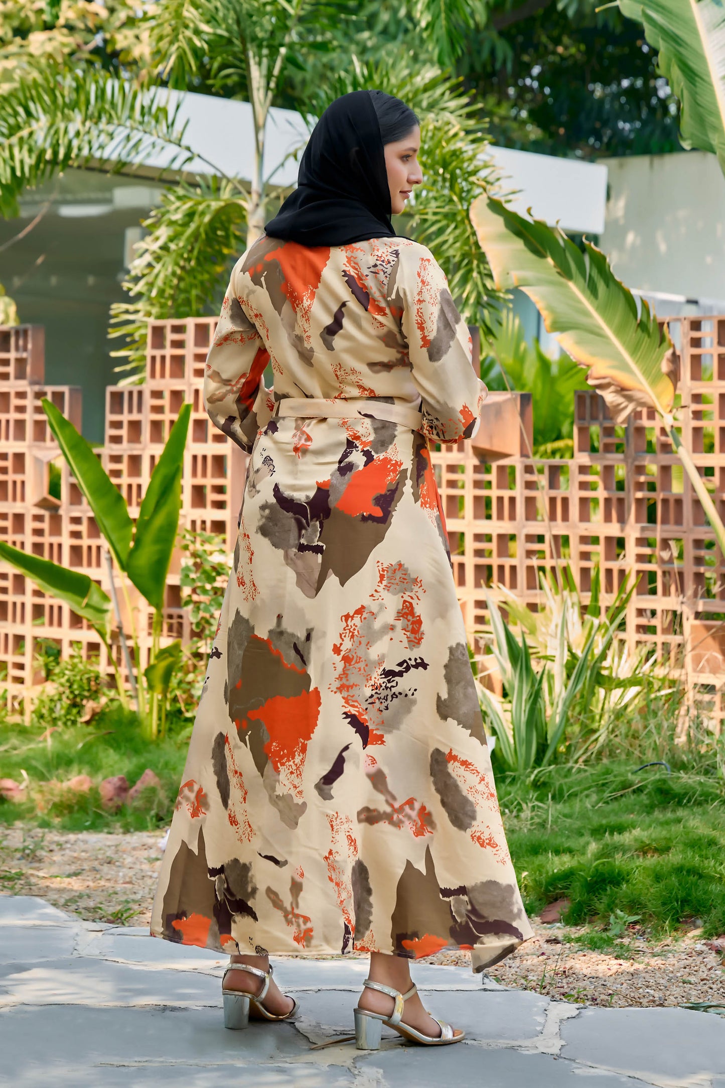 Nida fabric, no transparency, front button open pattern, abstract print, shirt style cuffs, regular sleeve pattern, with belt, front open buttons feeding friendly, without dupatta,s