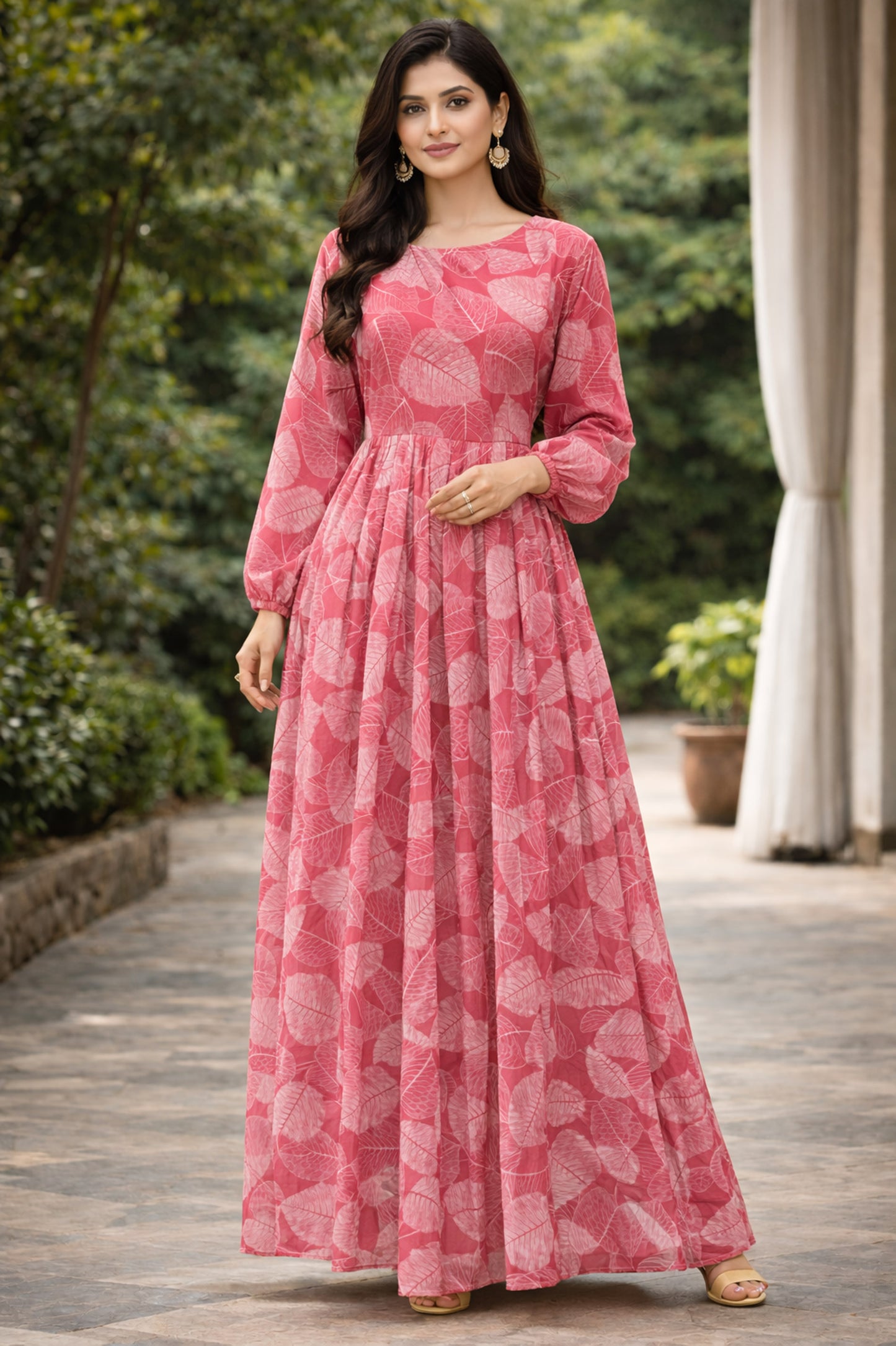 SARINKU PINK Georgette Fabric with crepe lining for no transparency Umbrella Pattern Floral Print Bishop Sleeves with Elastic Cuffs Puff Sleeve Pattern Without Belt Without Dupatta