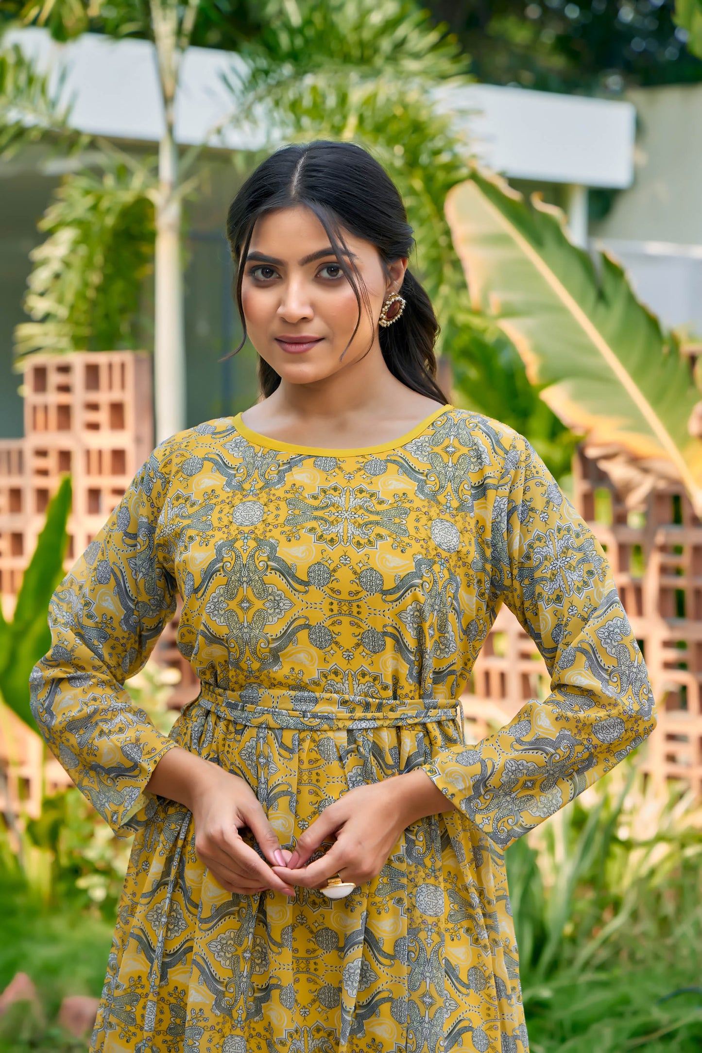 Women’s Yellow Printed Georgette A-Line Print Abaya with Waist Belt