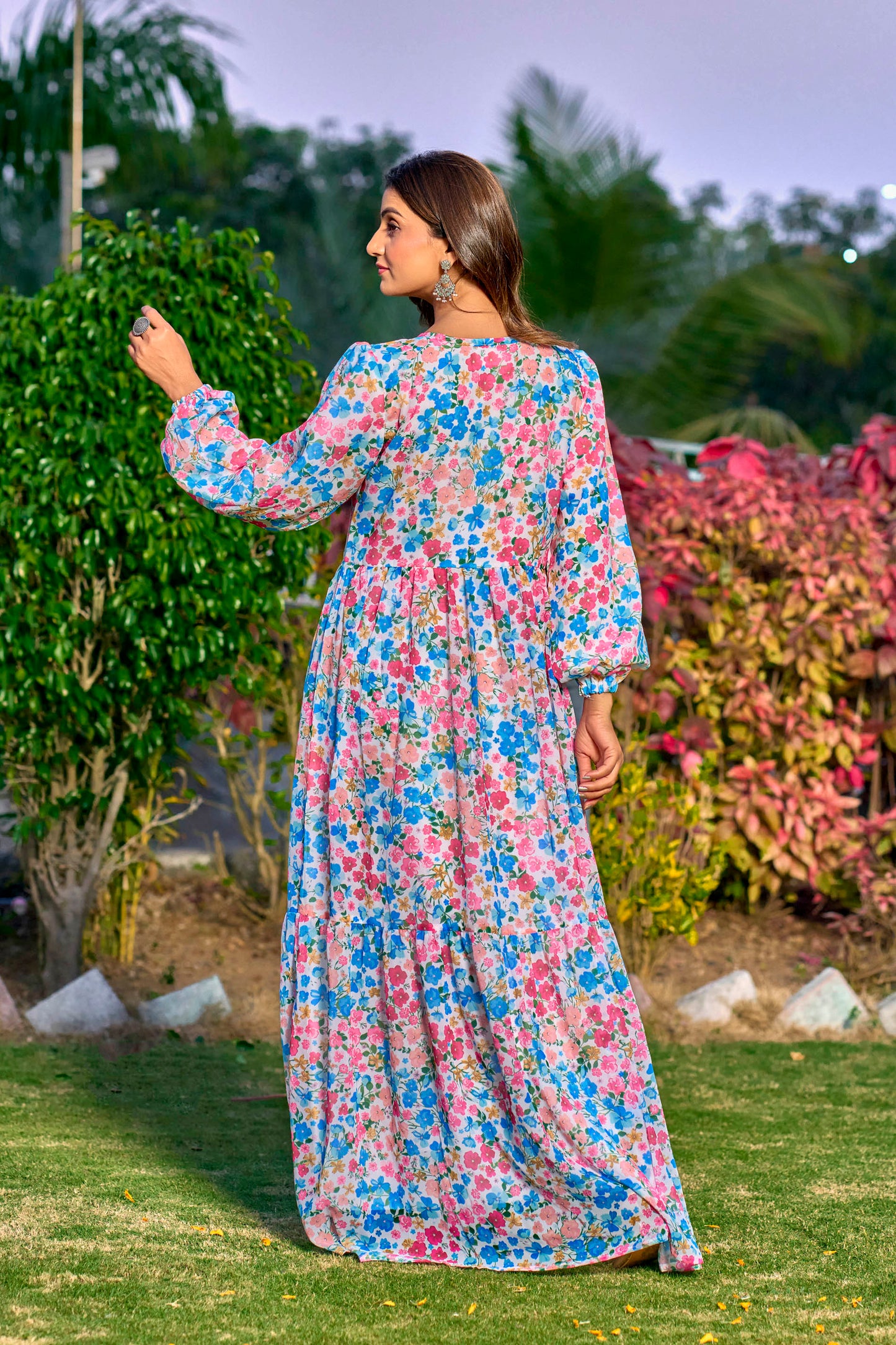 Georgette Fabric, with crape lining for no transparency, Frill Pattern, Floral Print, Bishop Sleeves with Elastic Cuffs, Puff Sleeve Pattern, Without Dupatta,