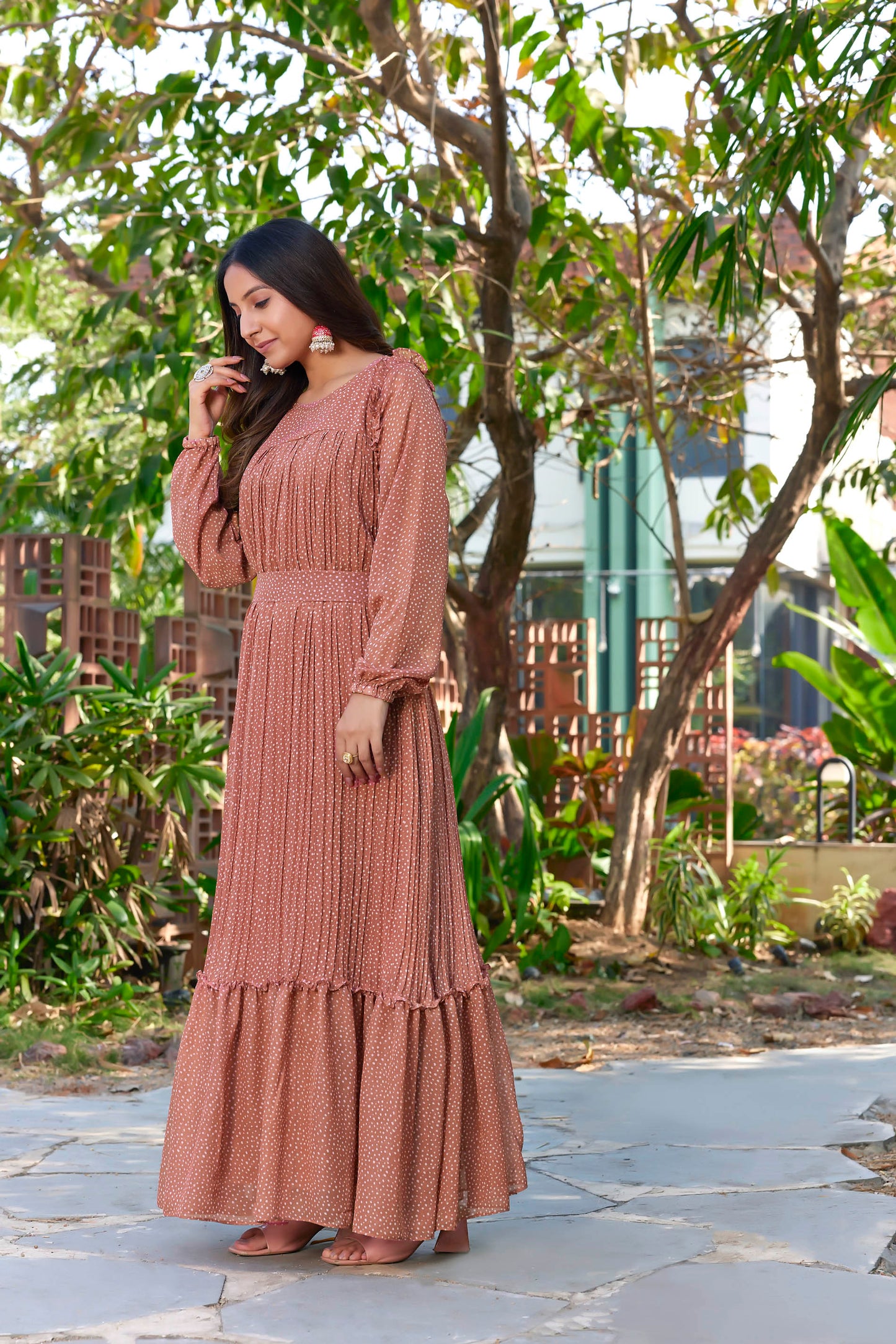 Sarinku Rust Peach Georgette Fabric with Crepe lining for no transparency Frill Pattern Polka Dots Print Bishop Sleeves with Elastic Cuffs Balloon Sleeve Pattern with Belt Without Dupatta