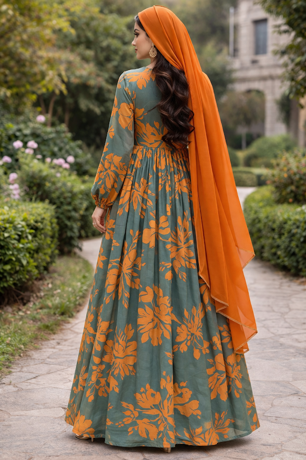 SARINKU Mehndi Orange Georgette Fabric with crepe lining for no transparency Umbrella Pattern Floral Print Bishop Sleeves with Elastic Cuffs Puff Sleeve Pattern Without Dupatta
