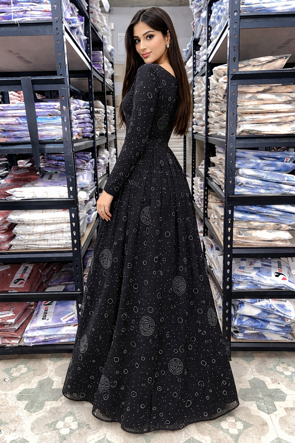 Black Georgette Fabric with Crepe Lining for no Transparency Umbrella Pattern Abaya Diamond Studded Elastic Cuffs Puff Sleeve Pattern Abaya Without Dupatta