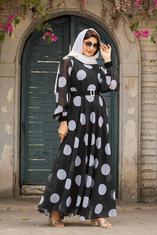 Classic Black & White Polka Dot Maxi Dress – Full Length, Modest Fashion