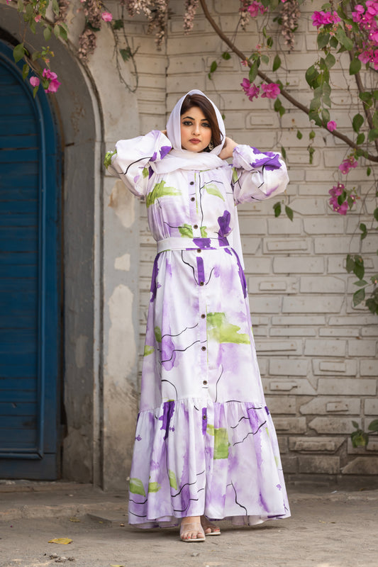 Women's Of white Abstract Floral Printed Long Button-Down Maxi Dress with Belt