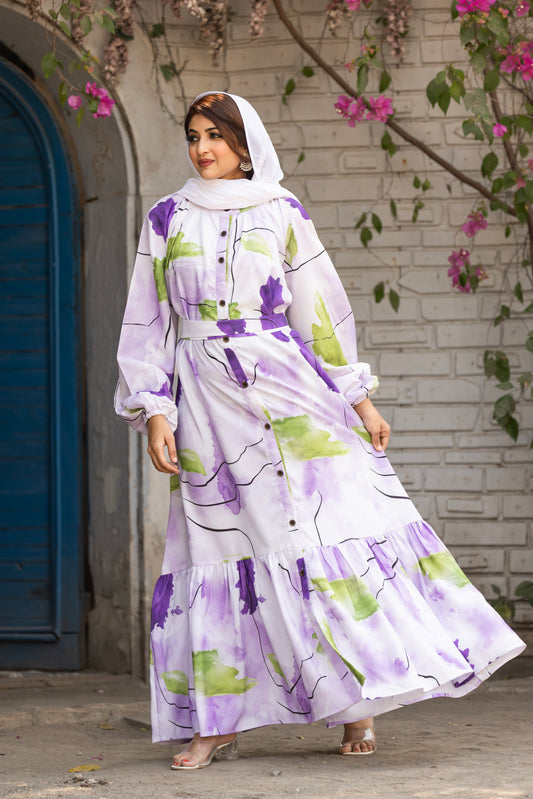 Women's Of white Abstract Floral Printed Long Button-Down Maxi Dress with Belt