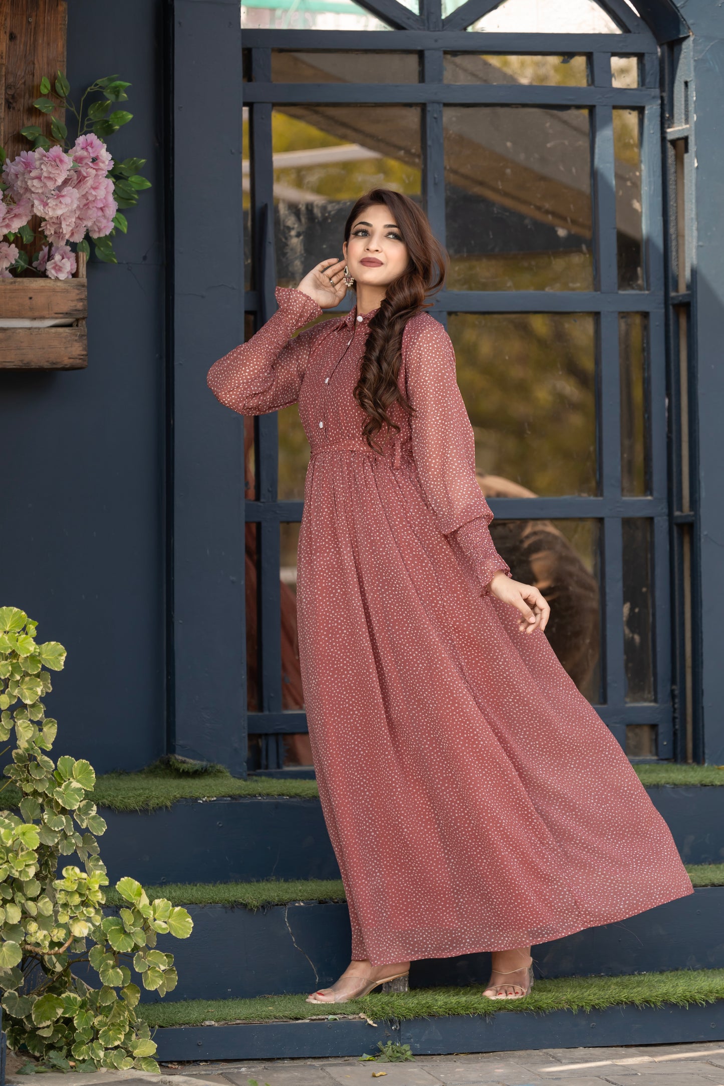 Women's Rust Red Polka Dot Long Maxi Dress with Buttoned & Full Sleeves