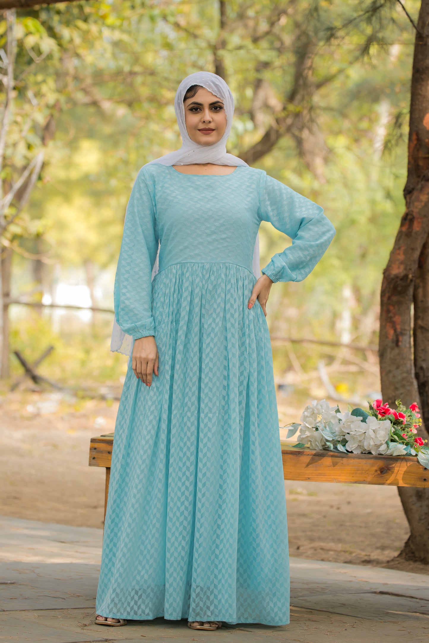 Women's Sky Blue Embellished Maxi Dress with Long Sleeves