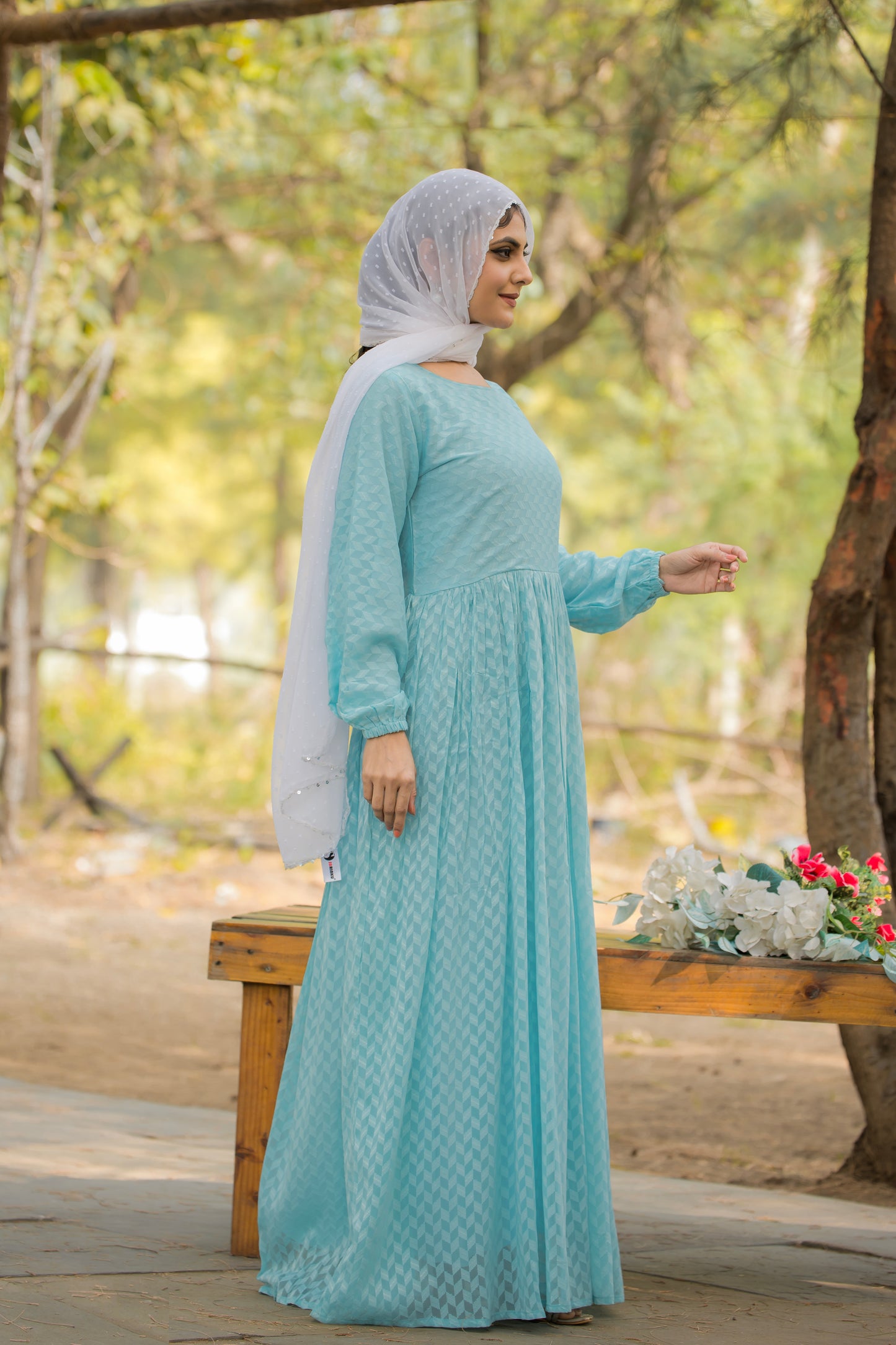 Women's Sky Blue Embellished Maxi Dress with Long Sleeves