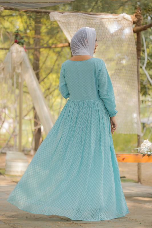 Women's Sky Blue Embellished Maxi Dress with Long Sleeves