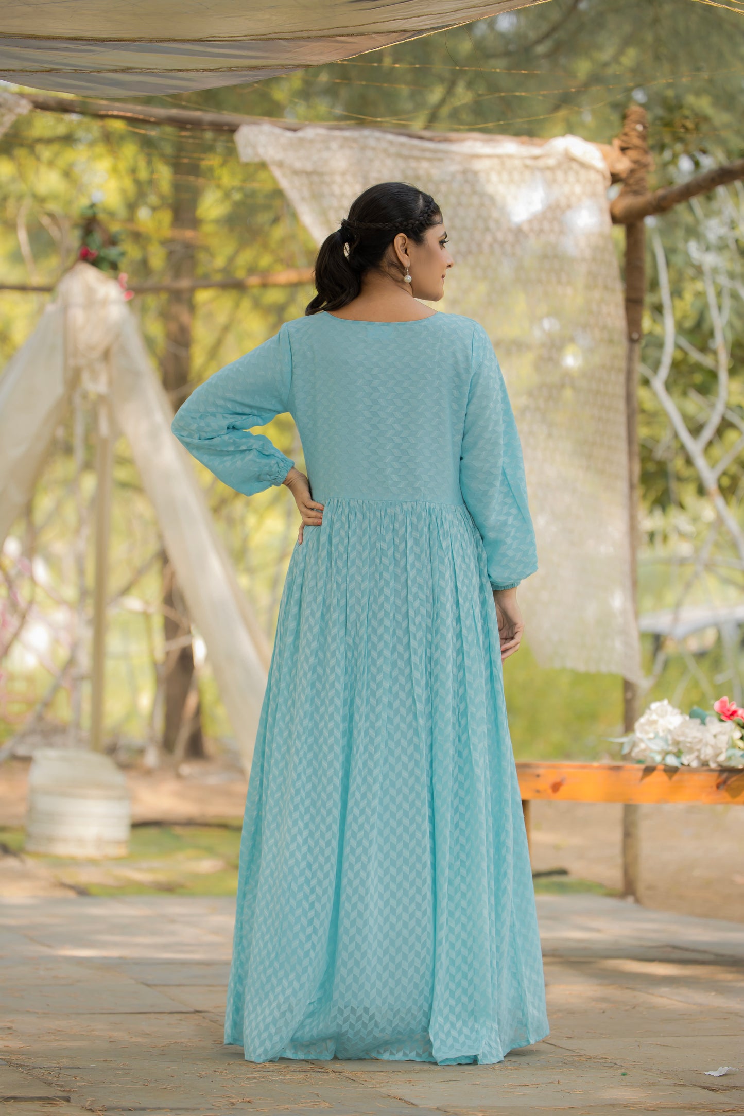 Women's Sky Blue Embellished Maxi Dress with Long Sleeves