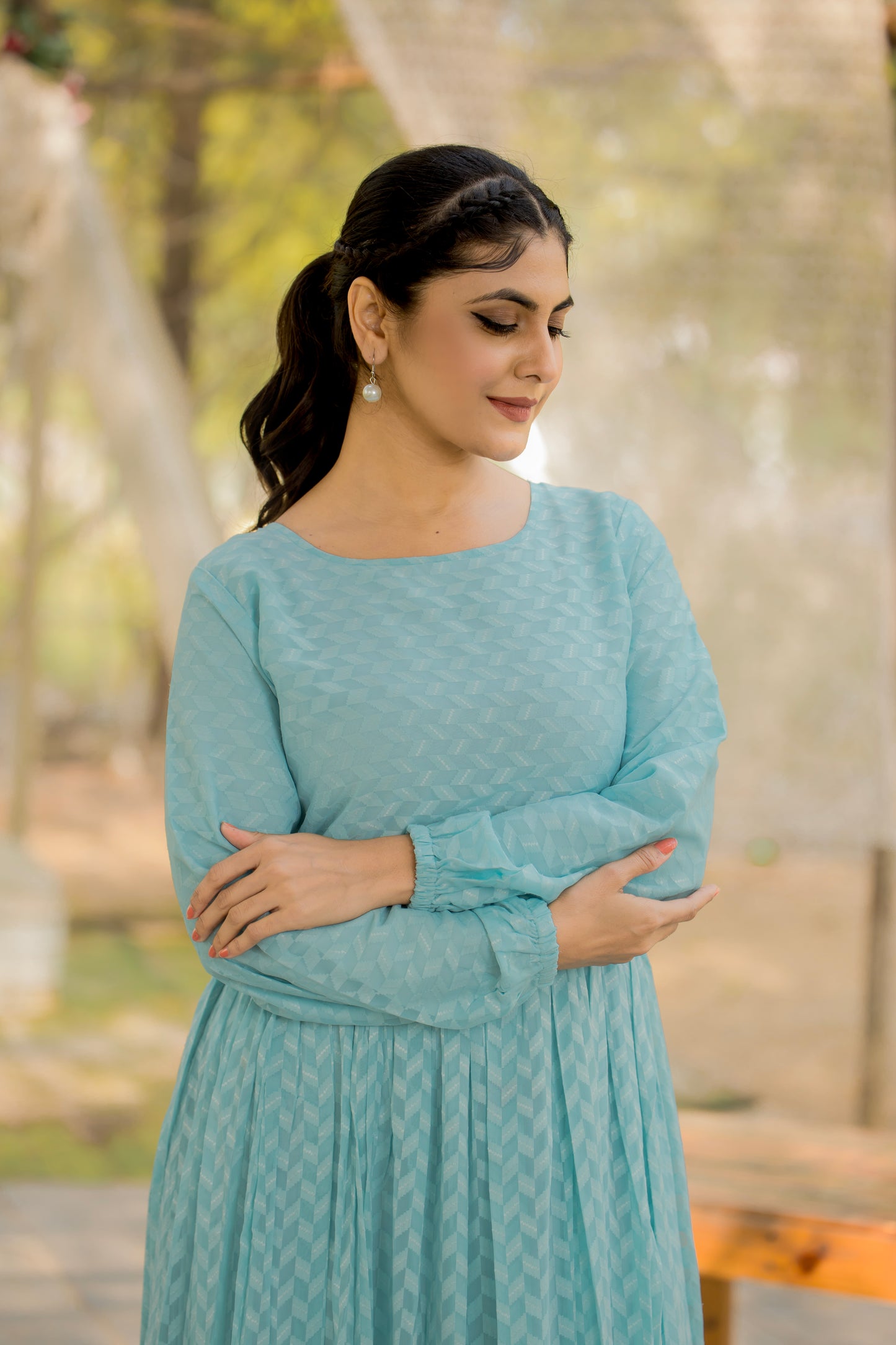 Women's Sky Blue Embellished Maxi Dress with Long Sleeves