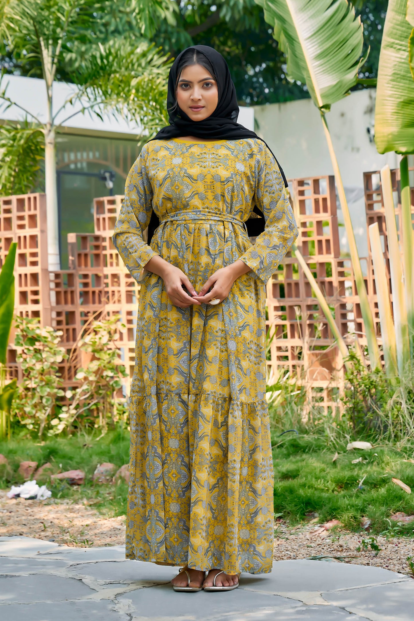 Women’s Yellow Printed Georgette A-Line Print Abaya with Waist Belt