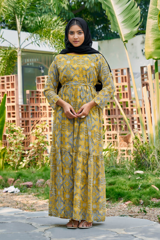 Women’s Yellow Printed Georgette A-Line Print Abaya with Waist Belt