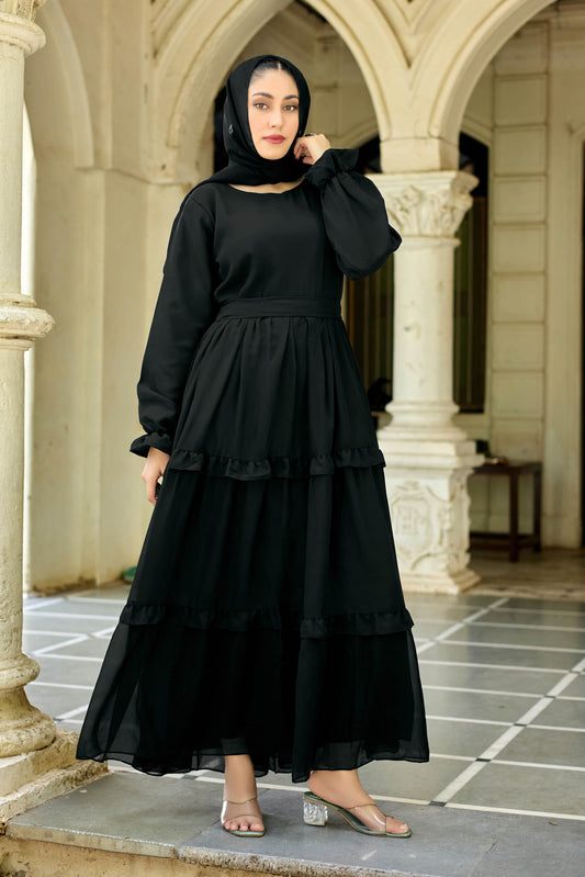 "Elegant Black Solid Abaya Dress for Women – Full Sleeve Modest Long Ethnic Wear with Ruffle Detail"