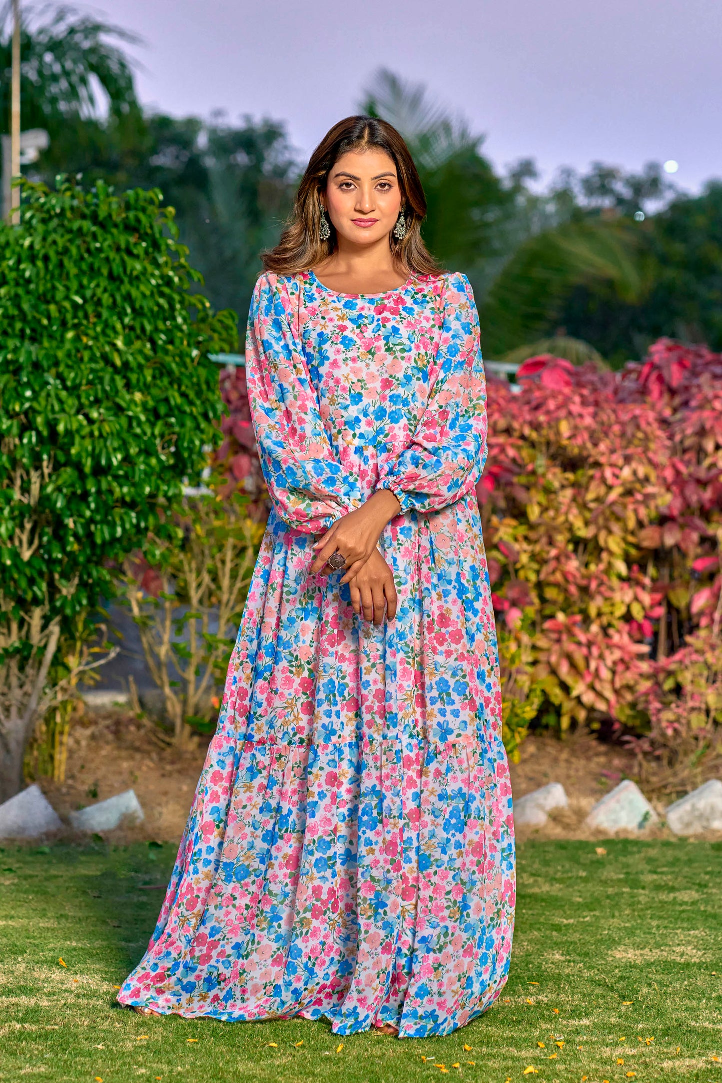 Georgette Fabric, with crape lining for no transparency, Frill Pattern, Floral Print, Bishop Sleeves with Elastic Cuffs, Puff Sleeve Pattern, Without Dupatta,