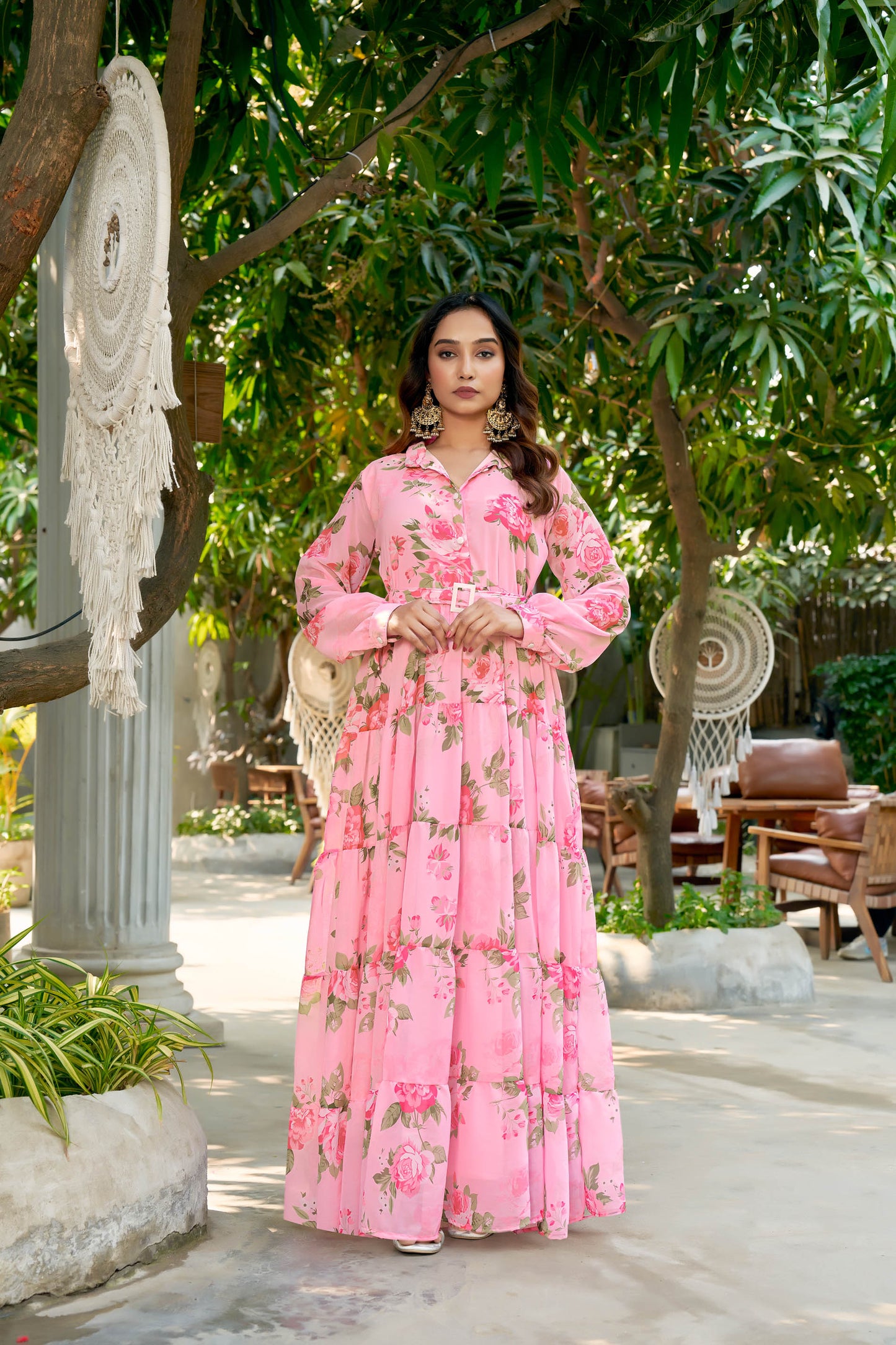 SARINKU Pink Georgette Fabric with crepe lining for no transparency shirt color with openable button Floral Print Shirt Style Cuffs Puff Sleeve Pattern with Belt Without Dupatta