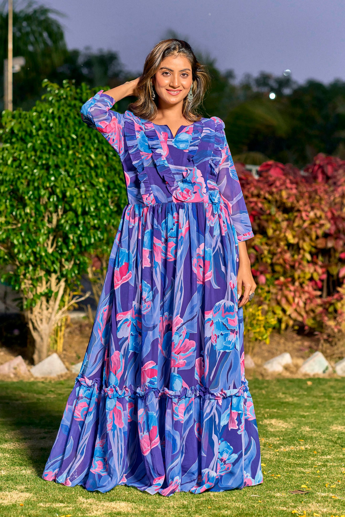 Georgette Fabric, with Crepe lining for no transparency, Gathering Pattern, Floral Print, Bishop Sleeves with Elastic Cuffs, Puff Sleeve Pattern, Without Dupatta,