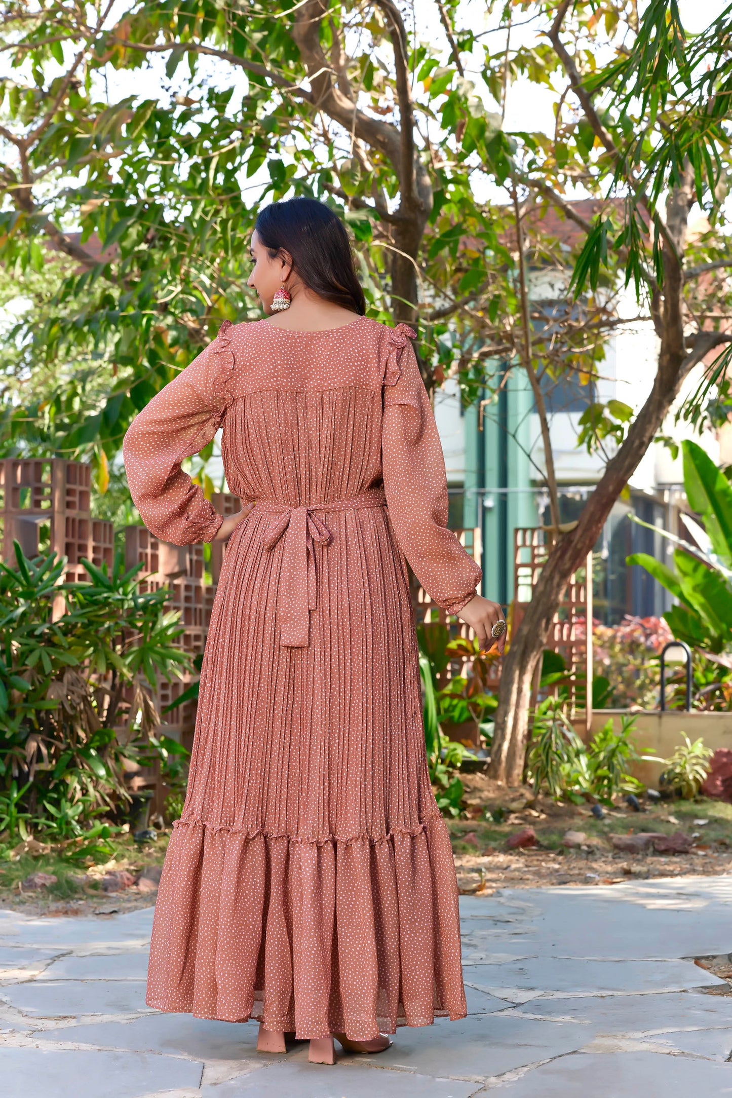 Sarinku Rust Peach Georgette Fabric with Crepe lining for no transparency Frill Pattern Polka Dots Print Bishop Sleeves with Elastic Cuffs Balloon Sleeve Pattern with Belt Without Dupatta