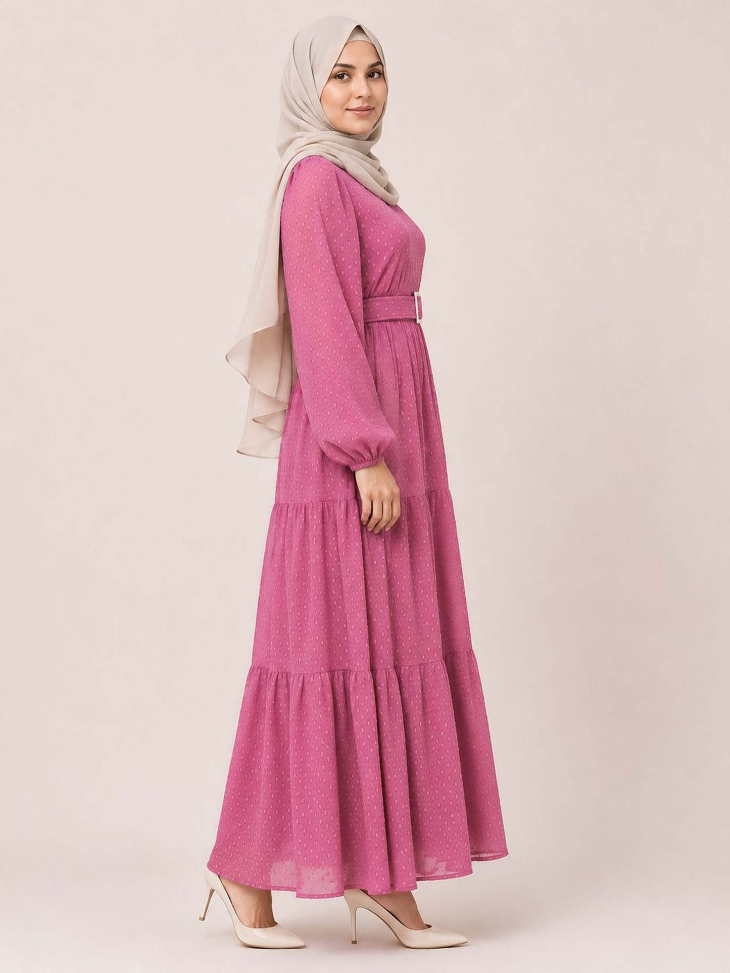SARINKU Brown Georgette Fabric with crepe lining for no transparency Frill Pattern Bishop Sleeves with Elastic Cuffs Balloon Sleeve Pattern with Belt Without Dupatt