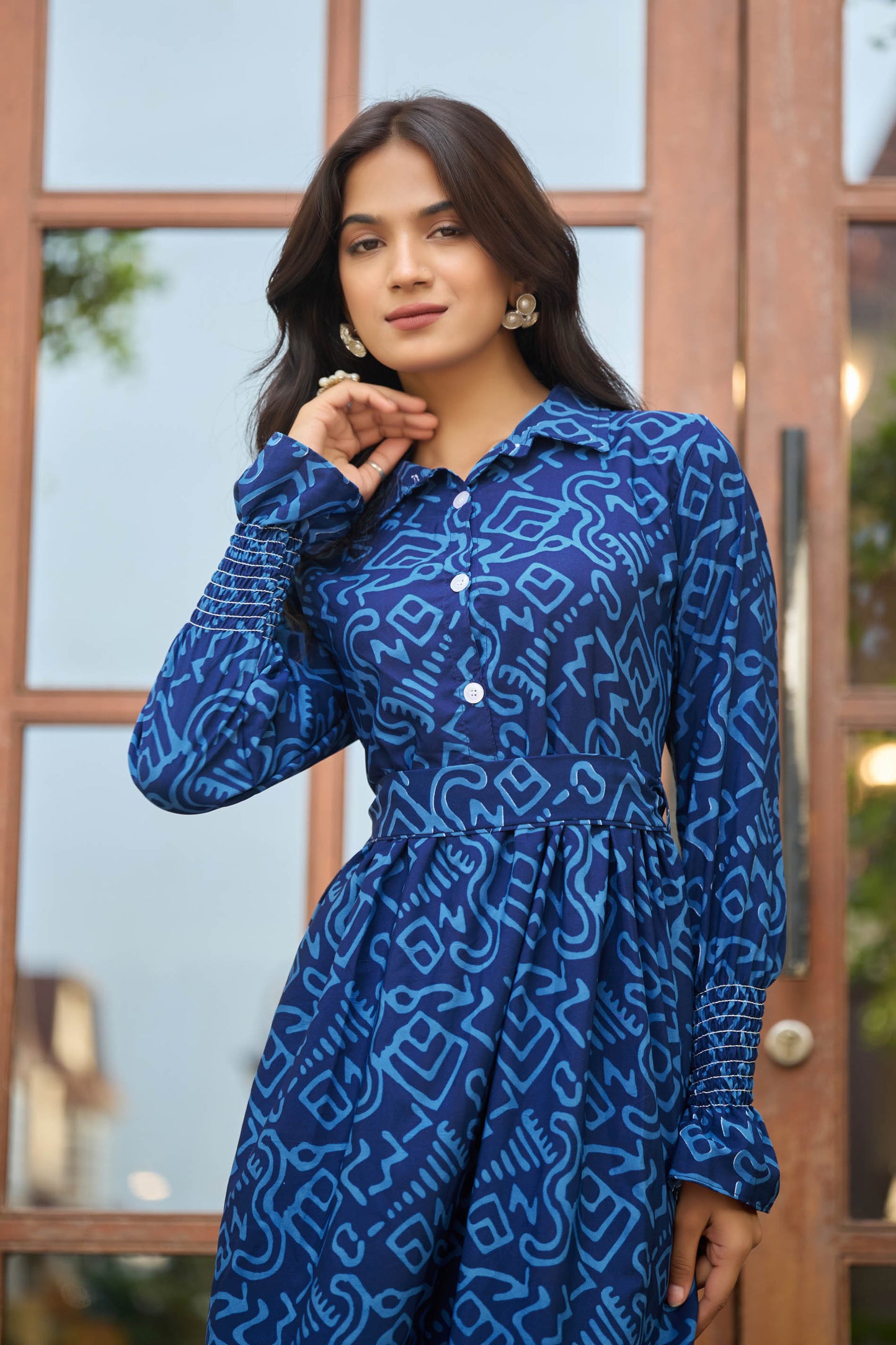 Women’s Blue Abstract Printed Maxi Dress with Full Sleeves
