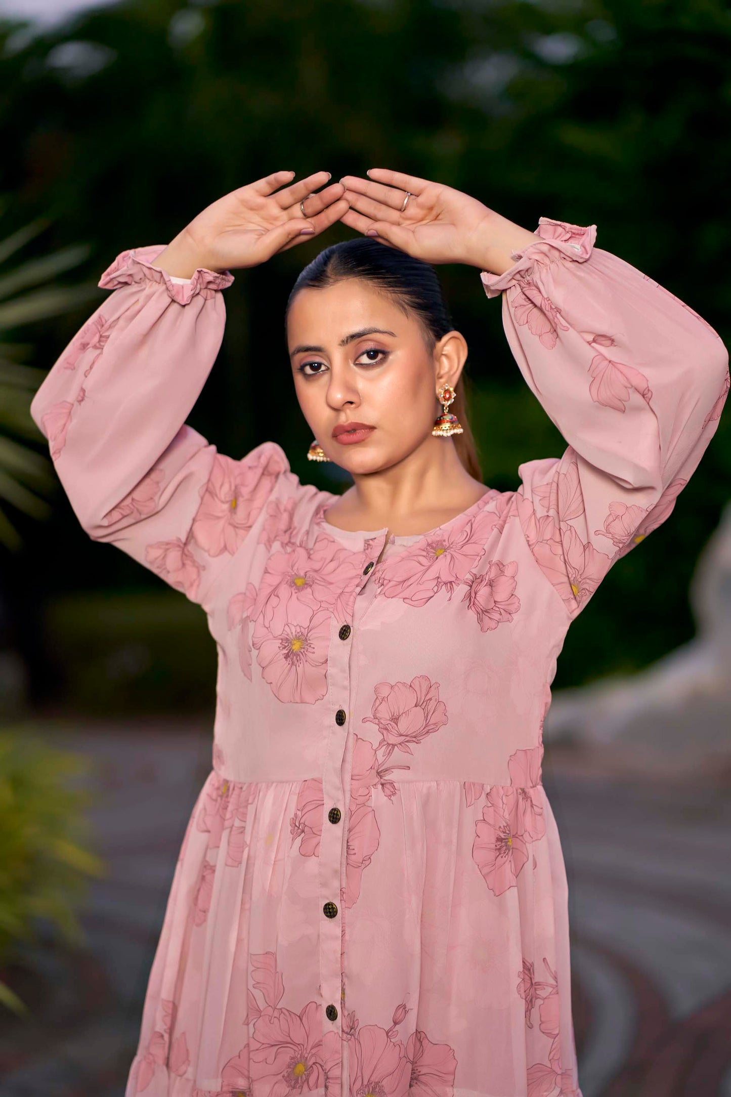 Women’s Pink Floral Printed Georgette Maxi Dress with Front Buttons