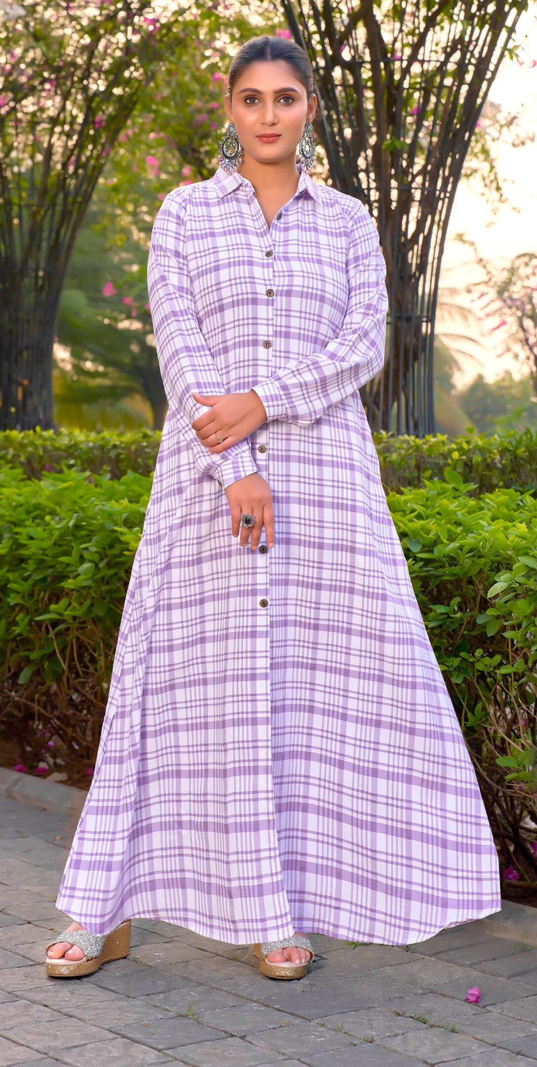 SARINKU Purple Cotton fabric no transparency Front Button Open Pattern Chex Print Shirt Style Cuffs Balloon Sleeve Pattern With Pocket Without Dupatta