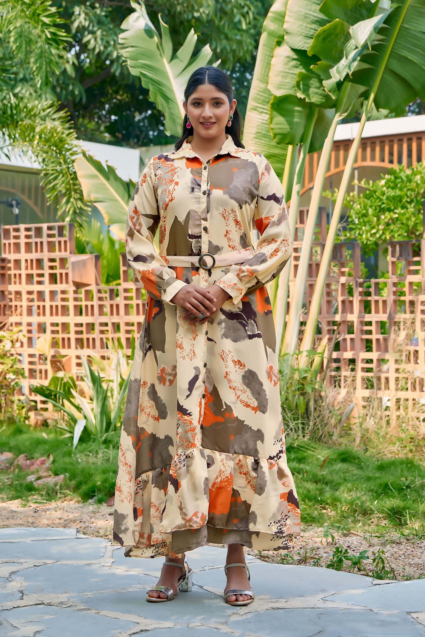 Nida fabric, no transparency, front button open pattern, abstract print, shirt style cuffs, regular sleeve pattern, with belt, front open buttons feeding friendly, without dupatta,s