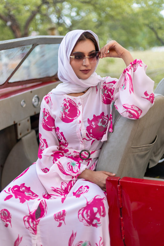 Women's White Nida Maxi Dress with Pink Floral Print & Waist Belt