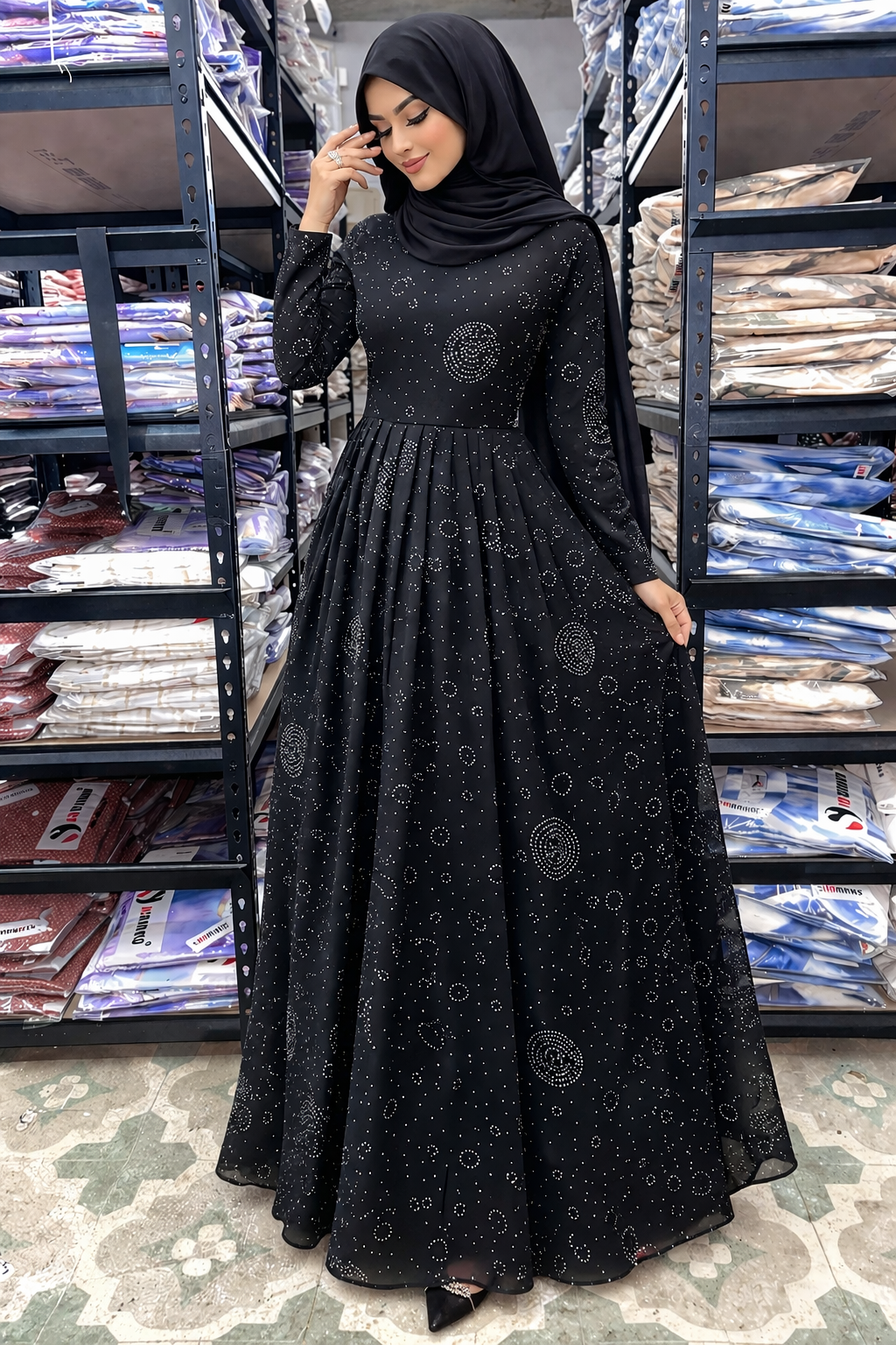 Black Georgette Fabric with Crepe Lining for no Transparency Umbrella Pattern Abaya Diamond Studded Elastic Cuffs Puff Sleeve Pattern Abaya Without Dupatta