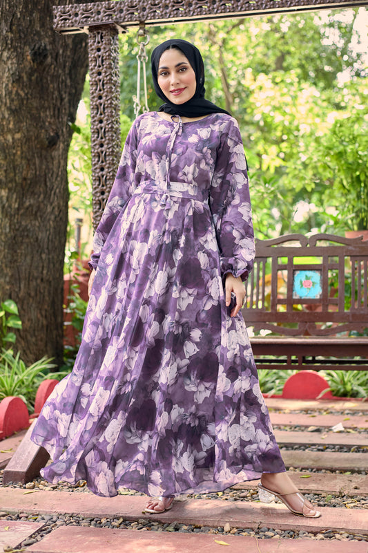 Flowy Purple Floral Print Crepe Maxi Dress – Modest & Stylish
