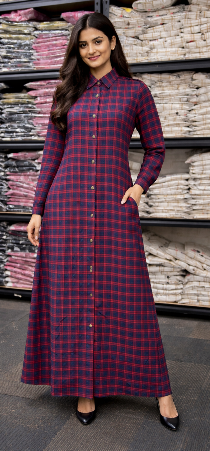 SARINKU RED Cotton fabric no transparency Front Button Open Pattern Chex Print Shirt Style Cuffs Puff Sleeve Pattern With Lining Sleeves With Pocket Front Open Buttons Feeding Friendly Without Dupatta