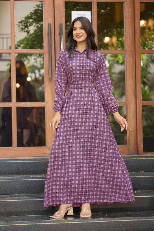 Women’s Elegant Purple Checkered Maxi Dress with Full Sleeves