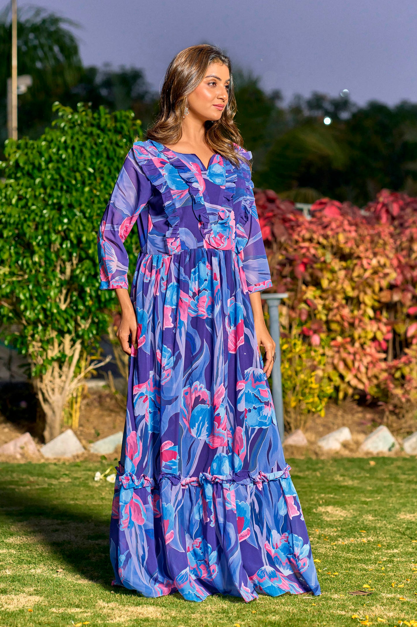 Georgette Fabric, with Crepe lining for no transparency, Gathering Pattern, Floral Print, Bishop Sleeves with Elastic Cuffs, Puff Sleeve Pattern, Without Dupatta,