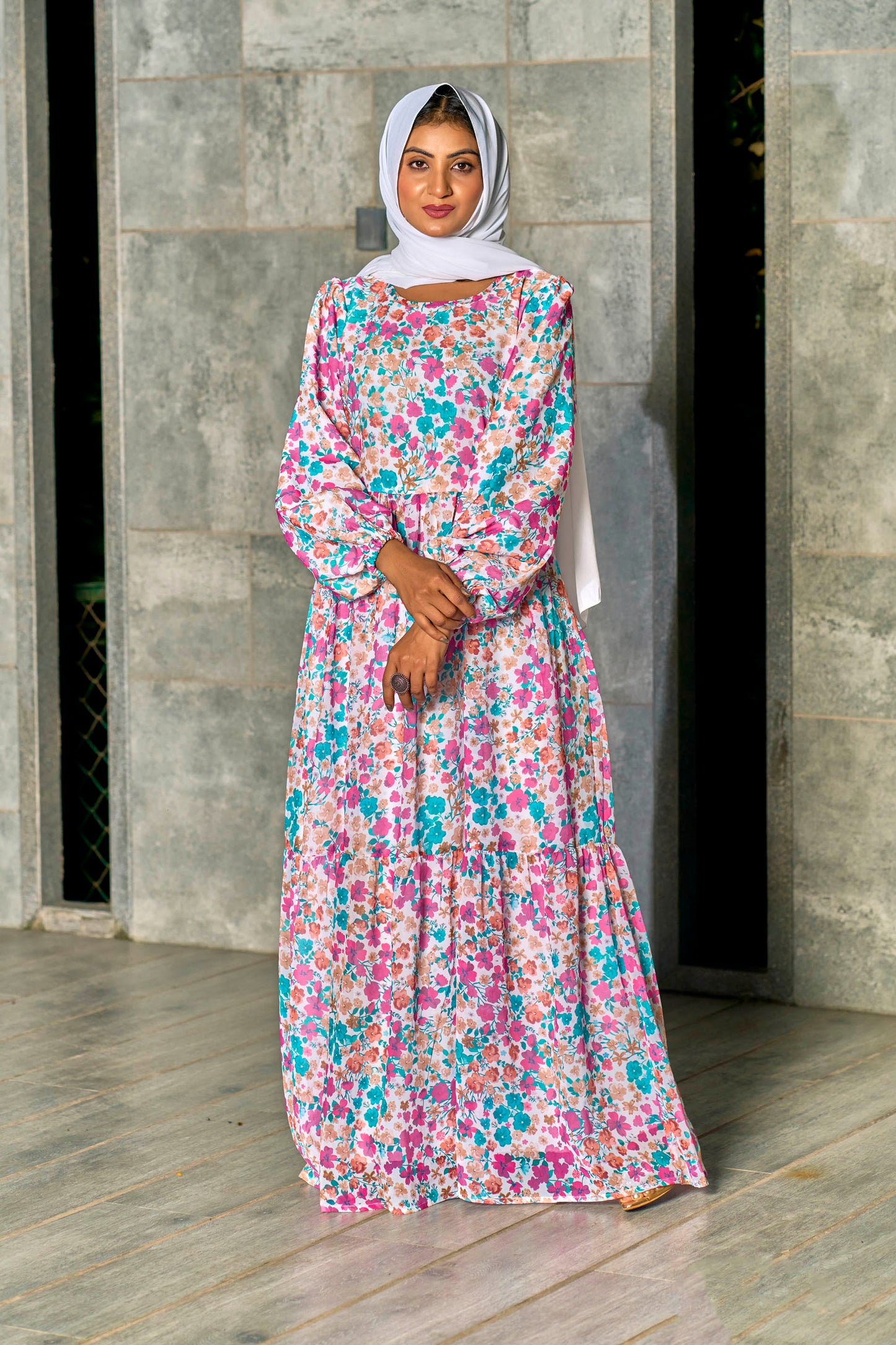 Georgette Fabric, with Crepe lining for no transparancy, Frill Pattern, Floral Print, Bishop Sleeves with Elastic Cuffs, Puff Sleeve Pattern, Without Dupatta,