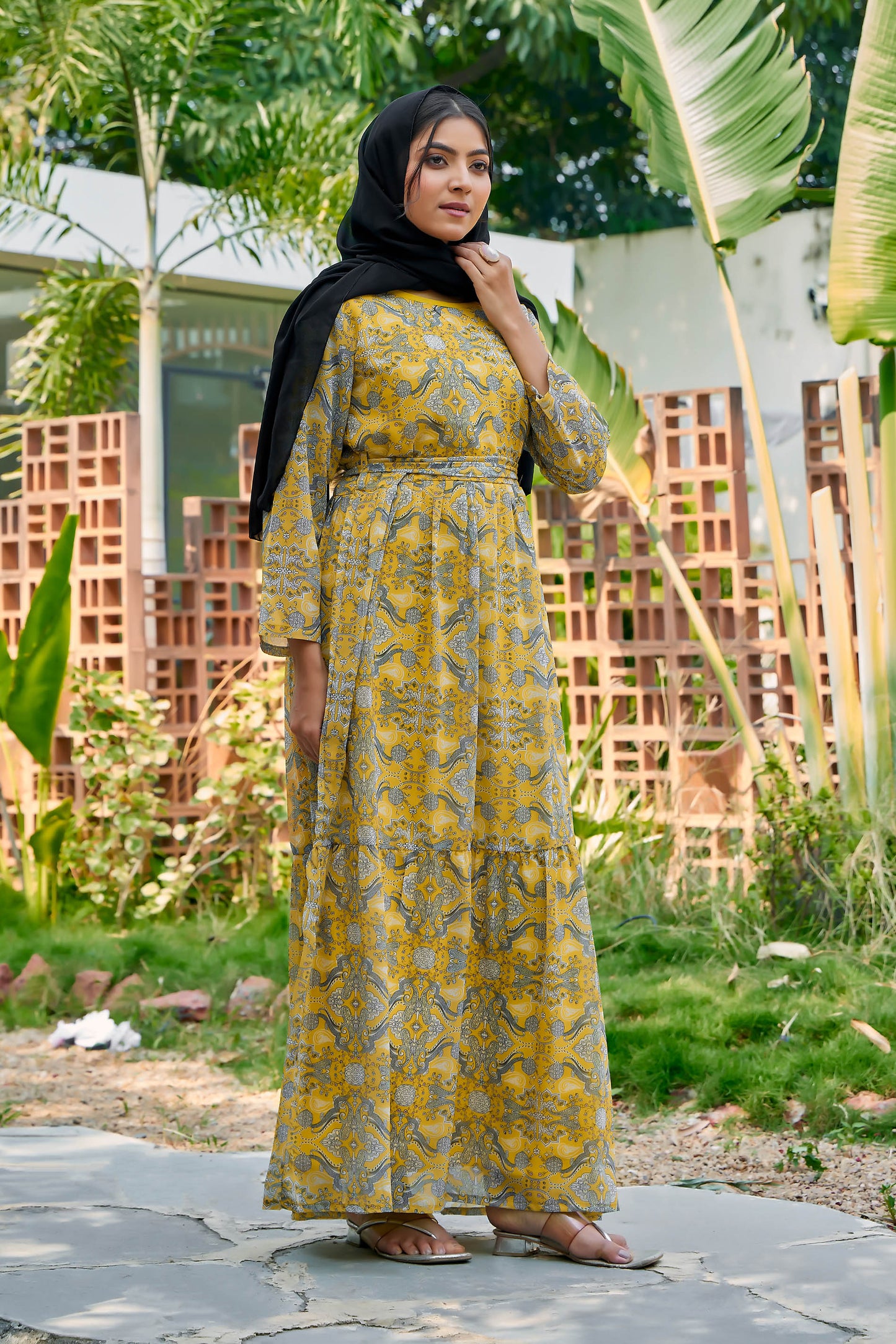 Women’s Yellow Printed Georgette A-Line Print Abaya with Waist Belt